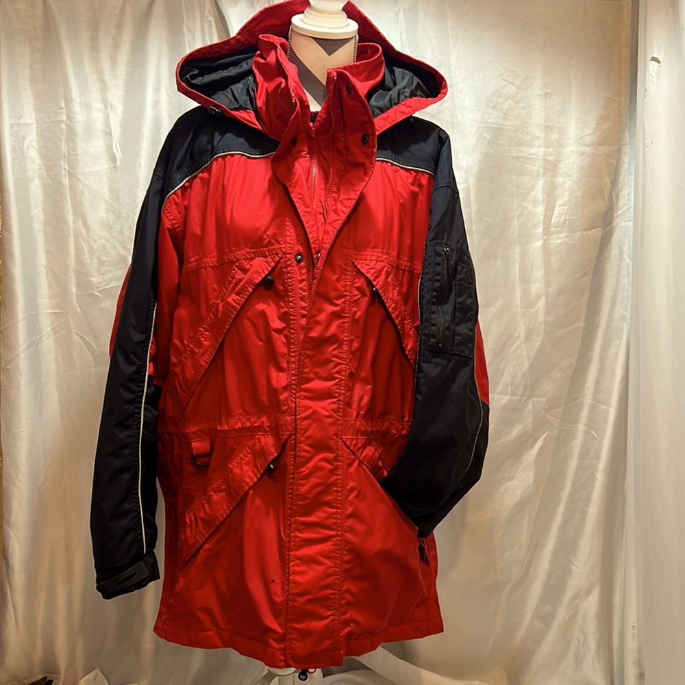 Red Hooded All Weather Coat with Reflective Strips
